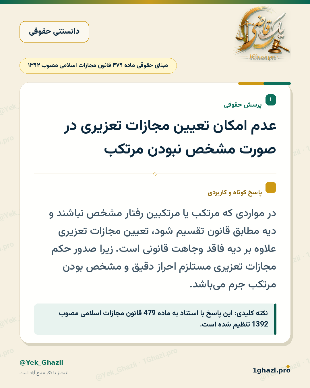 عدم امکان تعیین مجازات تعزیری در صورت مشخص نبودن مرتکب