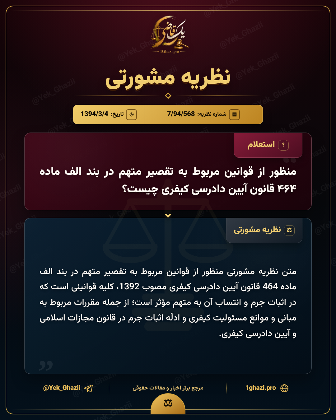 منظور از قوانین مربوط به تقصیر متهم در بند الف ماده ۴۶۴ قانون آیین دادرسی کیفری چیست؟