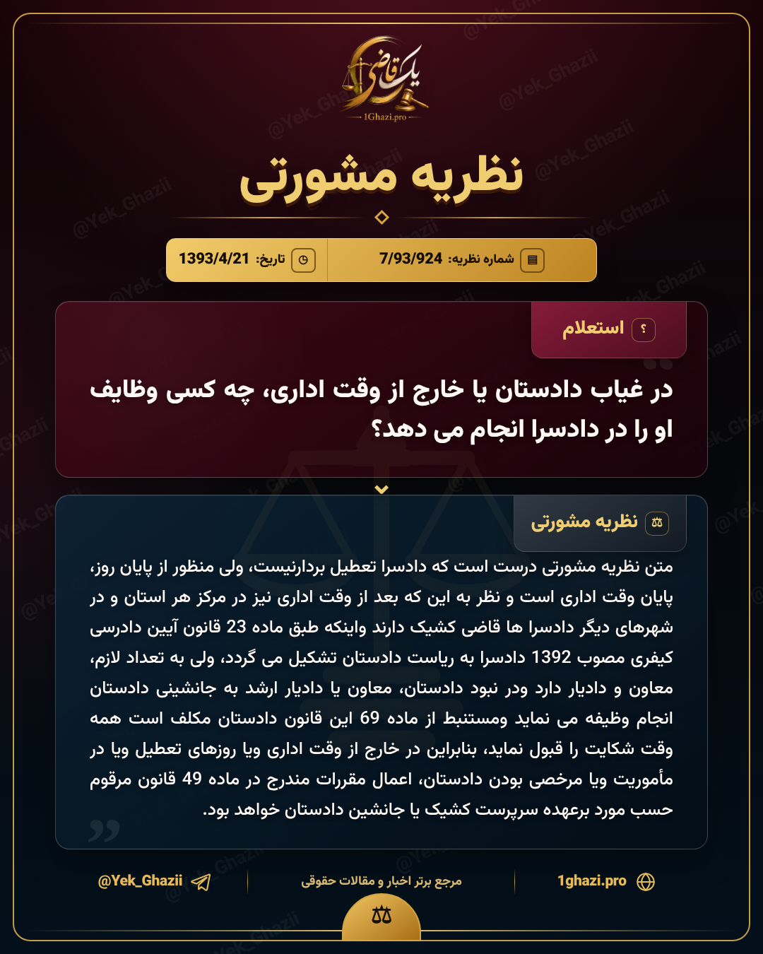 در غیاب دادستان یا خارج از وقت اداری، چه کسی وظایف او را در دادسرا انجام می‌دهد؟