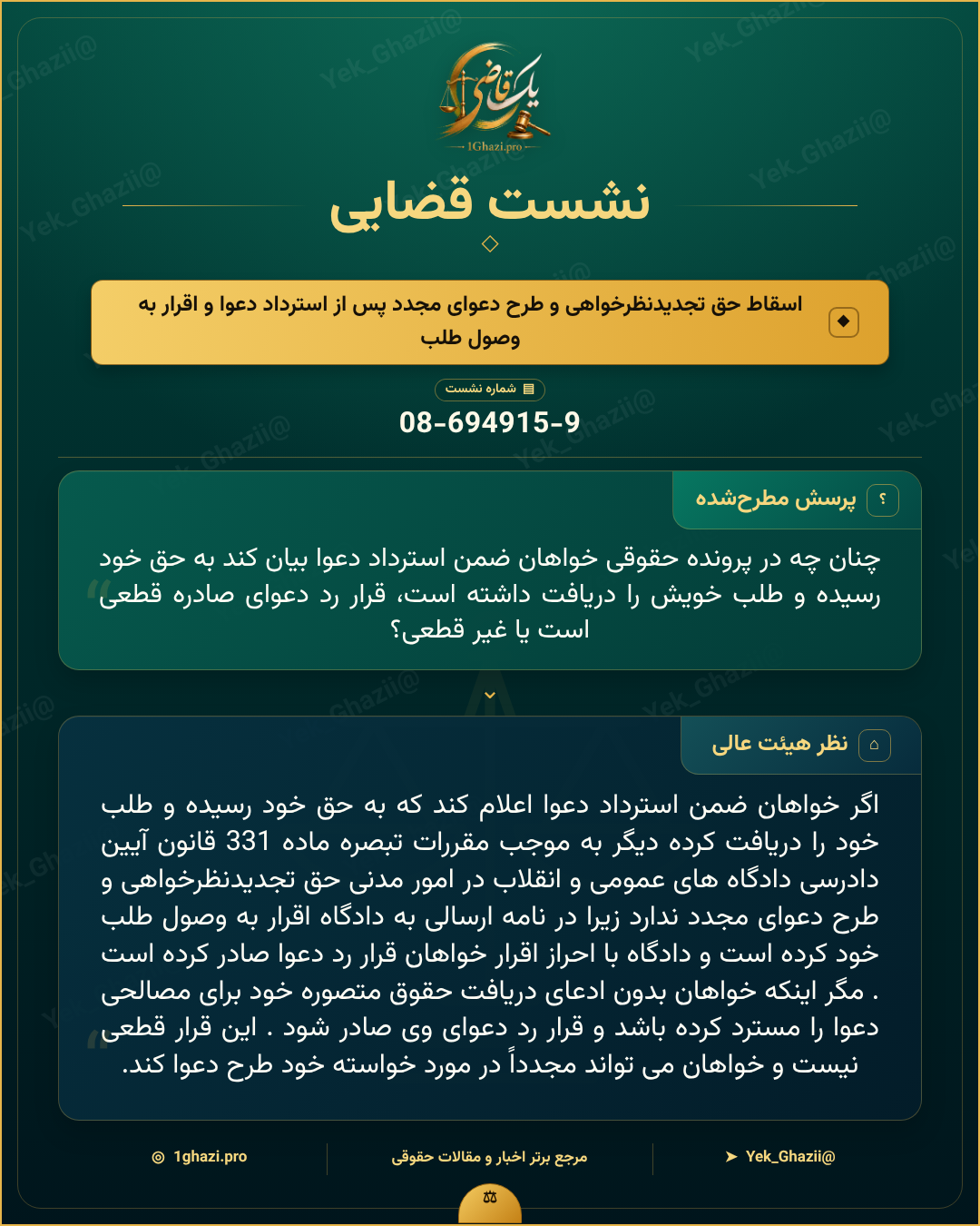 صورتجلسه نشست قضایی با موضوع: اسقاط حق تجدیدنظرخواهی و طرح دعوای مجدد پس از استرداد دعوا و اقرار به وصول طلب