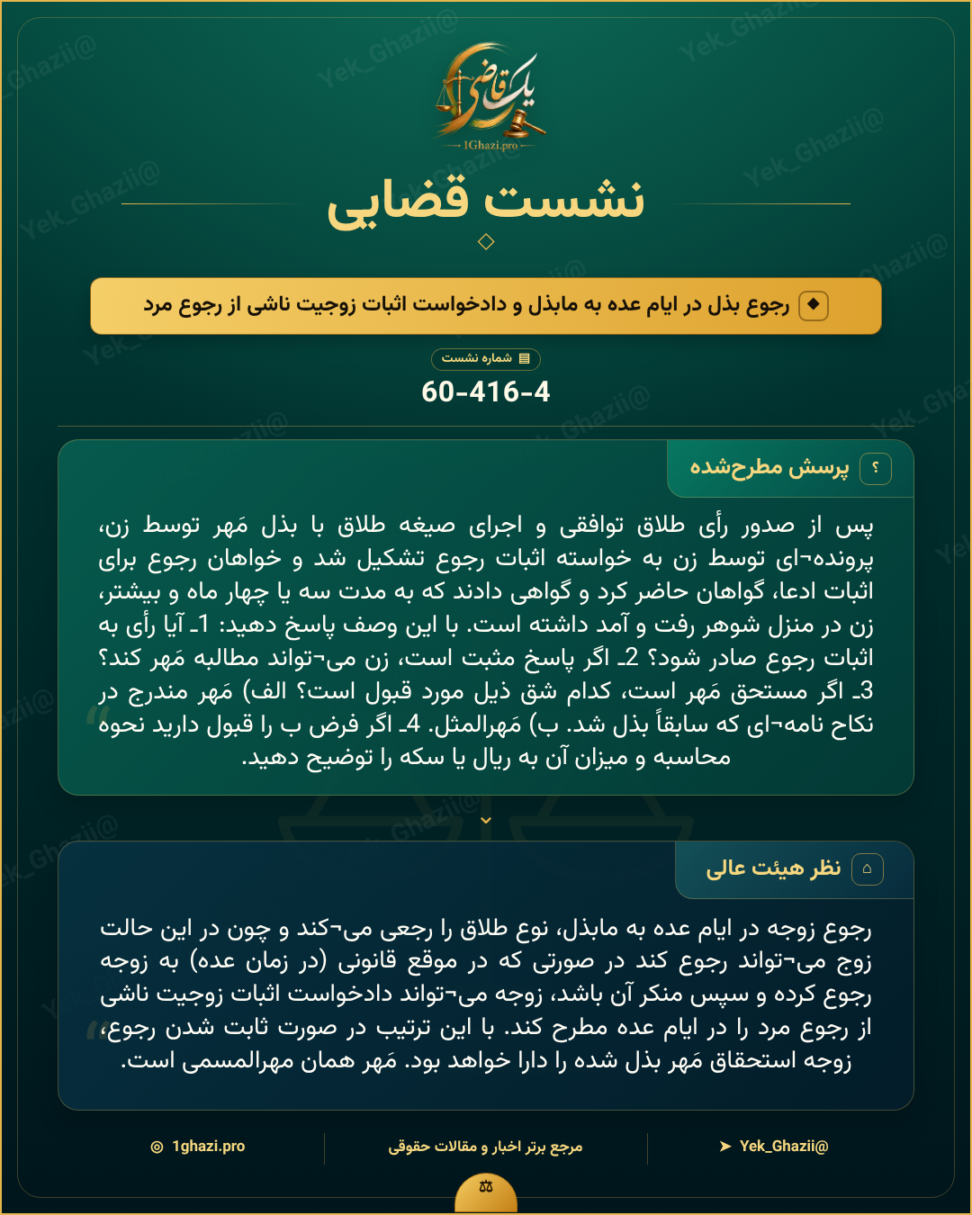 صورتجلسه نشست قضایی با موضوع: رجوع بذل در ایام عده به مابذل و دادخواست اثبات زوجیت ناشی از رجوع مرد