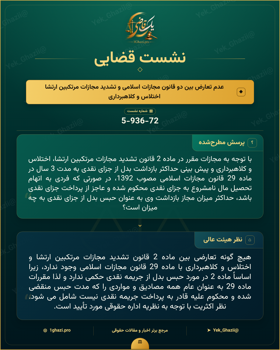 صورتجلسه نشست قضایی با موضوع: عدم تعارض بین دو قانون مجازات اسلامی و تشدید مجازات مرتکبین ارتشا اختلاس و کلاهبرداری
