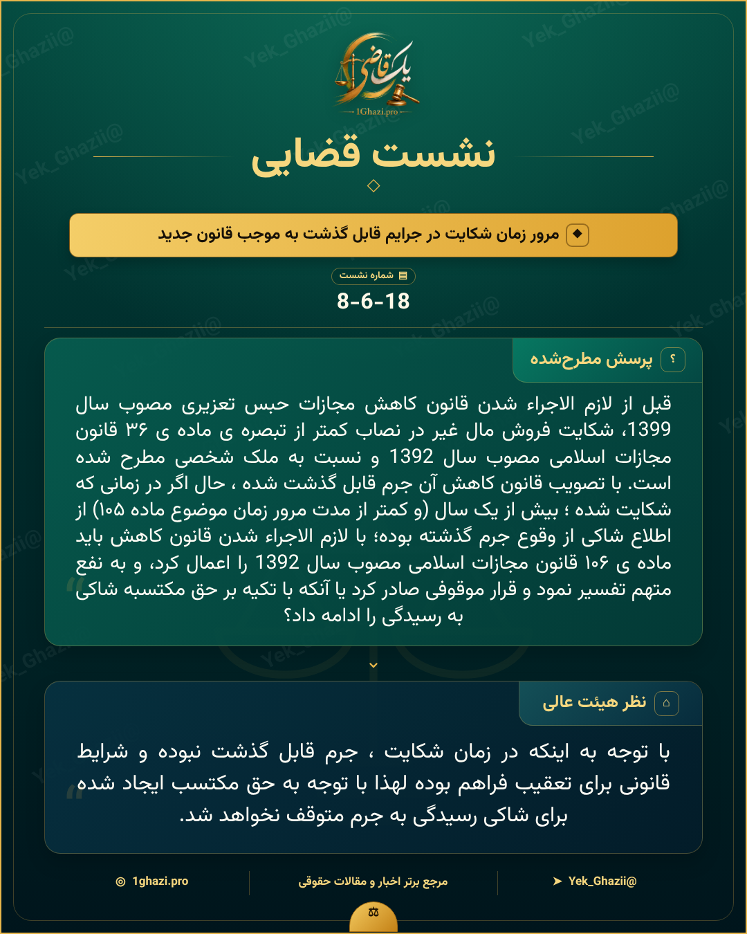صورتجلسه نشست قضایی با موضوع: مرور زمان شکایت در جرایم قابل گذشت به موجب قانون جدید
