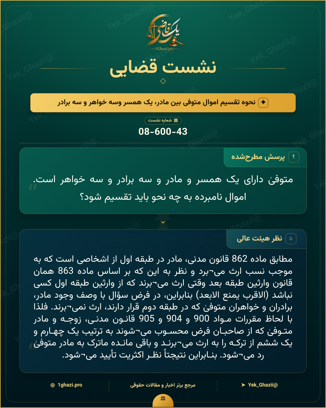 صورتجلسه نشست قضایی با موضوع: نحوه تقسیم اموال متوفی بین مادر، یک همسر وسه خواهر و سه برادر