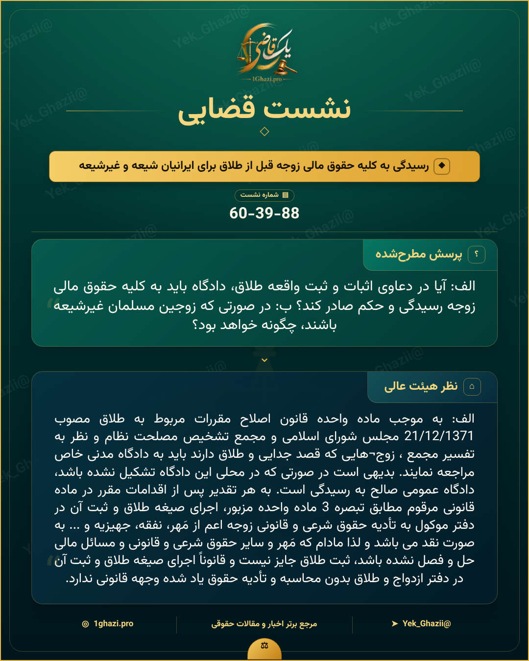 صورتجلسه نشست قضایی با موضوع: رسیدگی به کلیه حقوق مالی زوجه قبل از طلاق برای ایرانیان شیعه و غیرشیعه