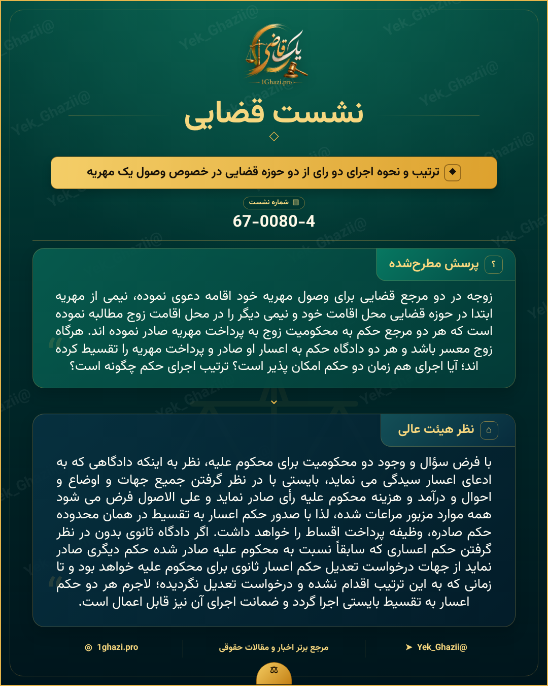 صورتجلسه نشست قضایی با موضوع: ترتیب و نحوه اجرای دو رای از دو حوزه قضایی در خصوص وصول یک مهریه