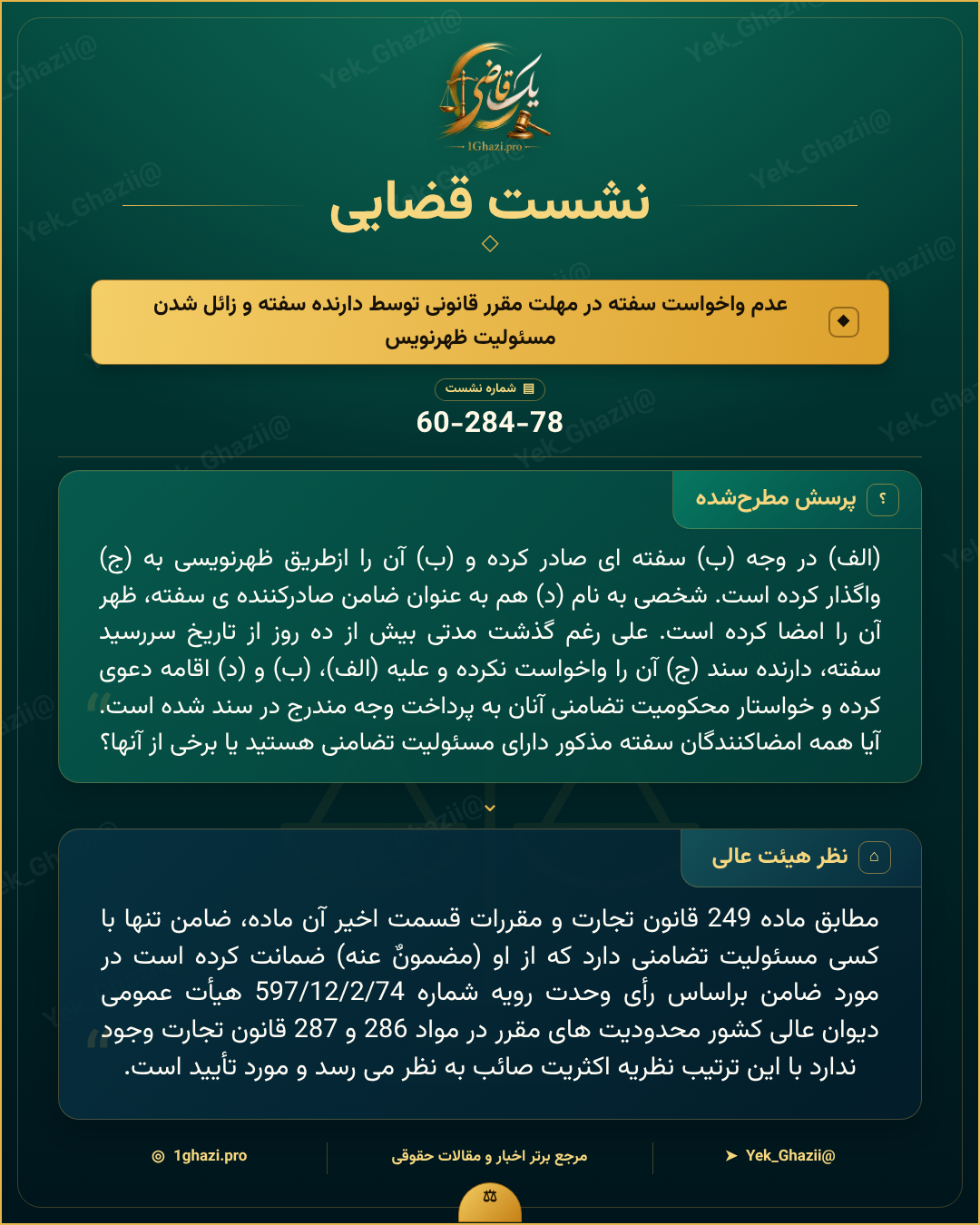 صورتجلسه نشست قضایی با موضوع: عدم واخواست سفته در مهلت مقرر قانونی توسط دارنده سفته و زائل شدن مسئولیت ظهرنویس