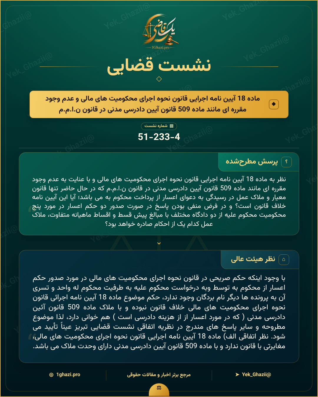صورتجلسه نشست قضایی با موضوع: ماده 18 آیین نامه اجرایی قانون نحوه اجرای محکومیت های مالی و عدم وجود مقرره ای مانند ماده 509 قانون آیین دادرسی مدنی در قانون ن.ا.م.م