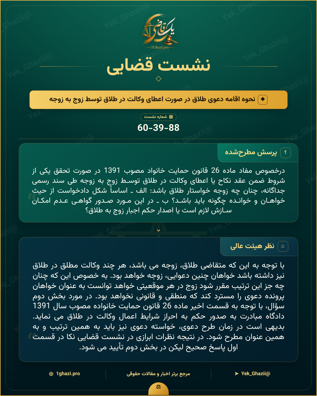 صورتجلسه نشست قضایی با موضوع: نحوه اقامه دعوی طلاق در صورت اعطای وکالت در طلاق توسط زوج به زوجه