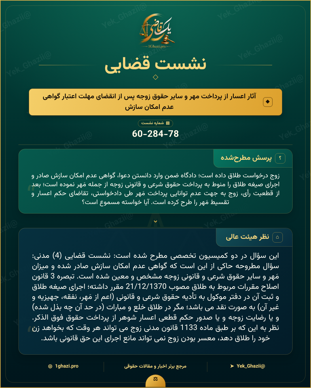 صورتجلسه نشست قضایی با موضوع: آثار اعسار از پرداخت مهر و سایر حقوق زوجه پس از انقضای مهلت اعتبار گواهی عدم امکان سازش